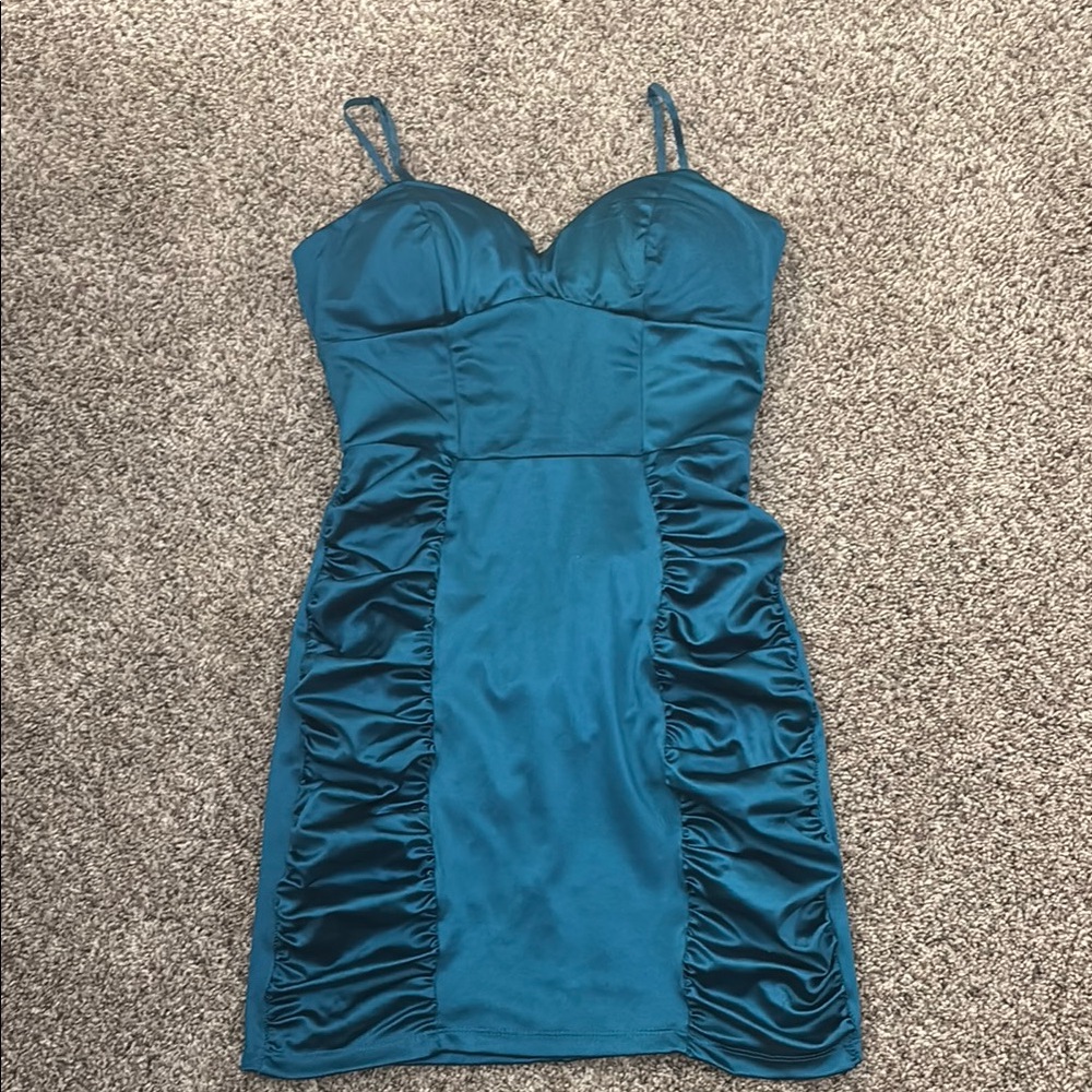 Emerald Sundae Blue Ruched Spaghetti Strap Mini Dress
